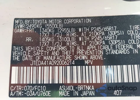 2009 Toyota Highlander z USA, uszkodzony, nr VIN JTEDA41A092006214